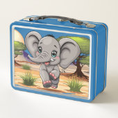 アフリカンサバンナで象のベビーが幸せにジャンプ メタルランチボックス (裏面)