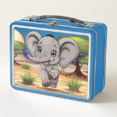 アフリカンサバンナで象のベビーが幸せにジャンプ メタルランチボックス (正面)