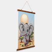 アフリカンサバンナで象のベビーが幸せにジャンプ 吊り下げ型タペストリー (傾斜あり)