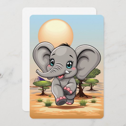 アフリカンサバンナで象のベビーが幸せにジャンプ 招待状 (正面/裏面)