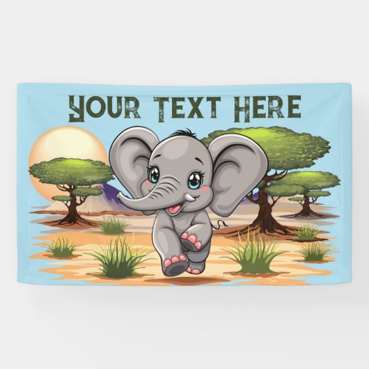 アフリカンサバンナで象のベビーが幸せにジャンプ 横断幕 (横)