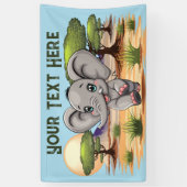 アフリカンサバンナで象のベビーが幸せにジャンプ 横断幕 (縦)