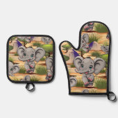 アフリカンサバンナで象のベビーが幸せにジャンプ 鍋つかみ&鍋敷きセット (正面)