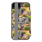 アフリカンサバンナで象のベビーが幸せにジャンプ INCIPIO iPhoneウォレットケース (フォリオ裏面)