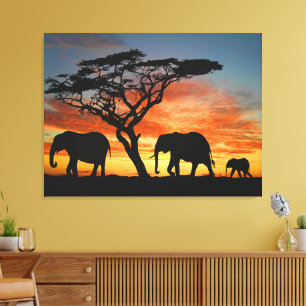 アフリカンサファリの夕焼けゾウのシルエットアート キャンバスプリント