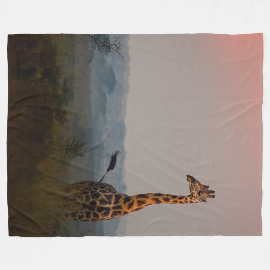 アフリカンサファリカラフルーの日の出と動物 フリースブランケット (正面(横))