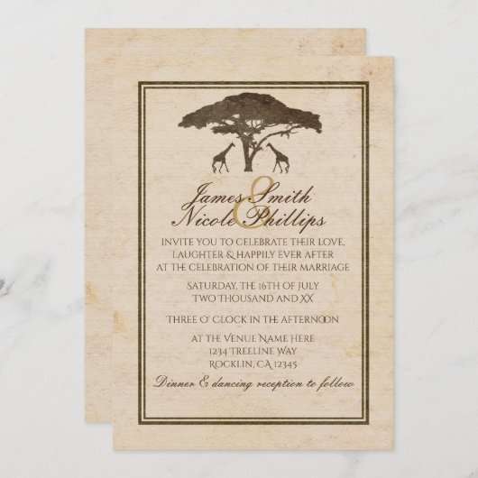 アフリカンサファリツーギラフェ&ツリーヴィンテージウェディング 招待状 (正面/裏面)
