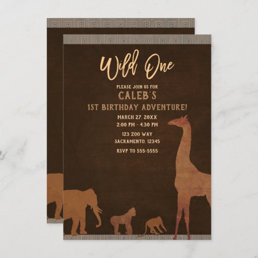 アフリカンサファリ動物園ヴィンテージワイルドワン1パーティー 招待状 (正面/裏面)