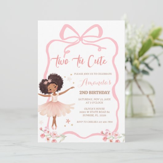 アフリカンピンクバレリーナ2つのTUかわいい2番目の誕生日 招待状 (スタンド正面)