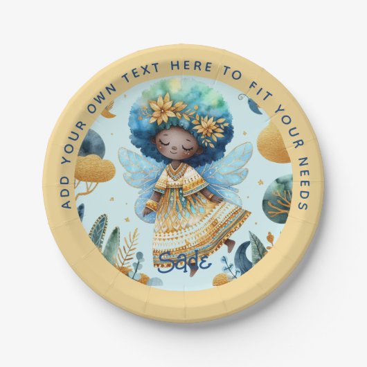 アフリカンフェアリー誕生日ティール（緑がかった色）金ゴールドピンクプリンセス ペーパープレート (正面)