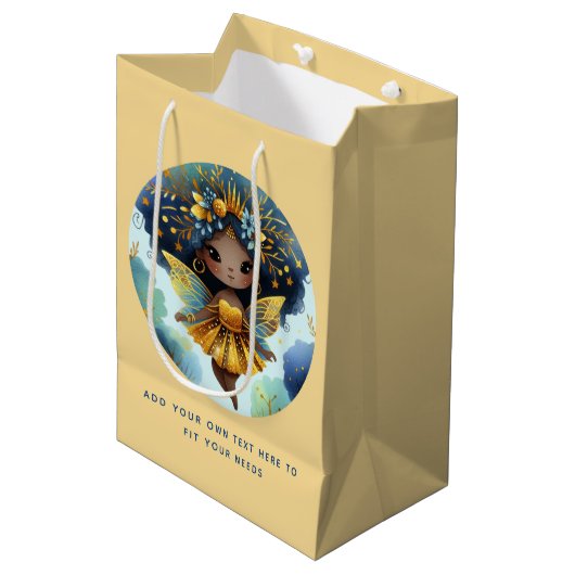 アフリカンフェアリー誕生日ティール（緑がかった色）金ゴールドピンクプリンセス ミディアムペーパーバッグ (正面アングル)