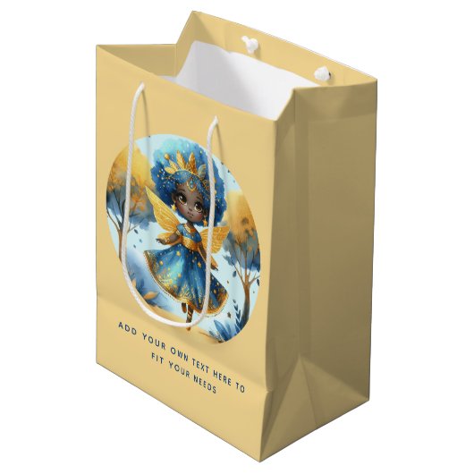 アフリカンフェアリー誕生日ティール（緑がかった色）金ゴールドピンクプリンセス ミディアムペーパーバッグ (正面アングル)