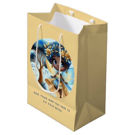 アフリカンフェアリー誕生日ティール（緑がかった色）金ゴールドピンクプリンセス ミディアムペーパーバッグ (正面アングル)