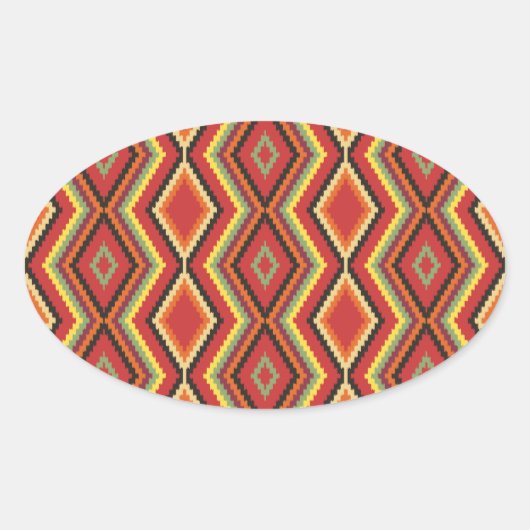 アフリカンレッドグリーンオレンジイエローエスニックアート 楕円形シール (正面)