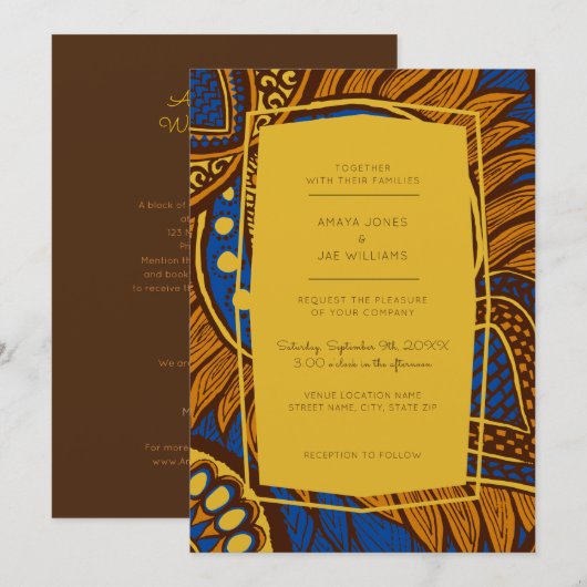 アフリカン アンカラ ブルー フラワーレス ウェディング インビテーション (正面/裏面)