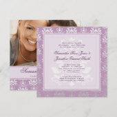 アフリカン バイオレット & シルバー ダマスク フォト ウェディング 招待状 (正面/裏面)