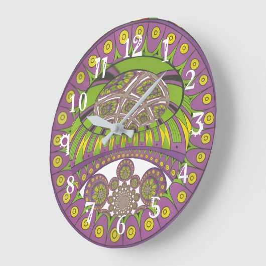 アフリカン パープルとイエローのカレイドスコープ トレディショナル ラージ壁時計 (傾斜)