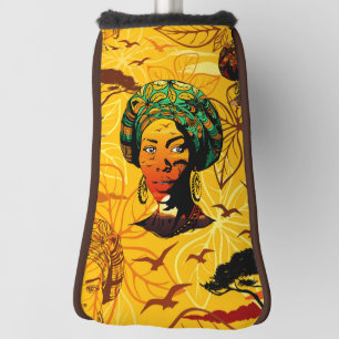 アフリカ人女性ポートレートと夕日 ゴルフヘッドカバー