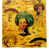 アフリカ人女性ポートレートと夕日 シャワーカーテン (正面)