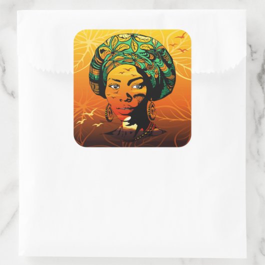 アフリカ人女性ポートレートと夕日 スクエアシール (バッグ)