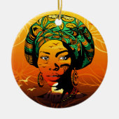 アフリカ人女性ポートレートと夕日 セラミックオーナメント (正面)