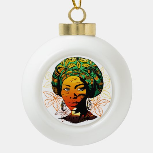 アフリカ人女性ポートレートと夕日 セラミックボールオーナメント (正面)