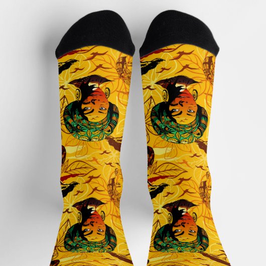 アフリカ人女性ポートレートと夕日 ソックス (上部)