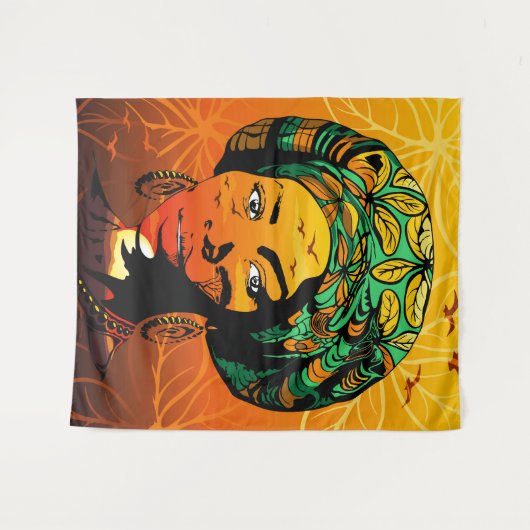 アフリカ人女性ポートレートと夕日 タペストリー (正面(横))