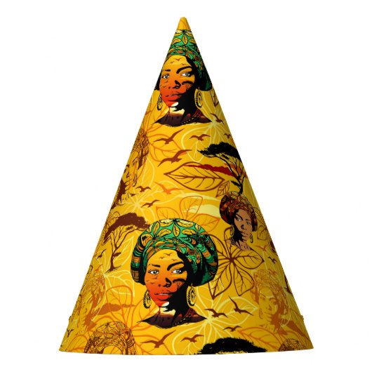 アフリカ人女性ポートレートと夕日 パーティーハット (正面)