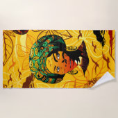 アフリカ人女性ポートレートと夕日 ビーチタオル (正面)