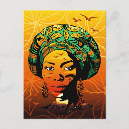 アフリカ人女性ポートレートと夕日 ポストカード (正面)