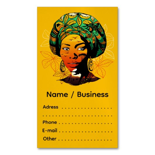 アフリカ人女性ポートレートと夕日 マグネット名刺 (正面縦)