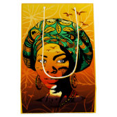 アフリカ人女性ポートレートと夕日 ミディアムペーパーバッグ (裏面)