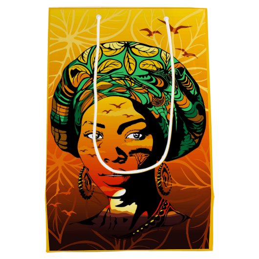 アフリカ人女性ポートレートと夕日 ミディアムペーパーバッグ (裏面)