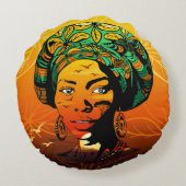 アフリカ人女性ポートレートと夕日 ラウンドクッション (裏面)