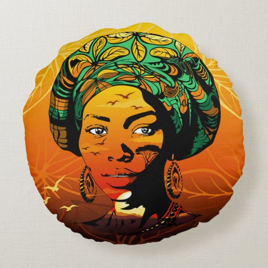 アフリカ人女性ポートレートと夕日 ラウンドクッション (裏面)