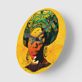 アフリカ人女性ポートレートと夕日 ラウンド壁時計 (傾斜)