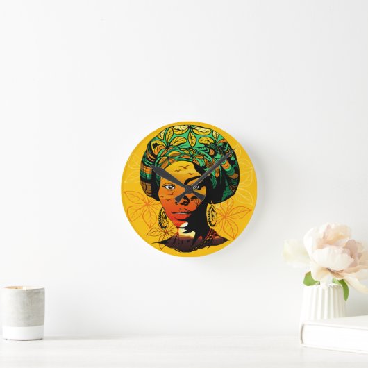 アフリカ人女性ポートレートと夕日 ラウンド壁時計 (ホーム)