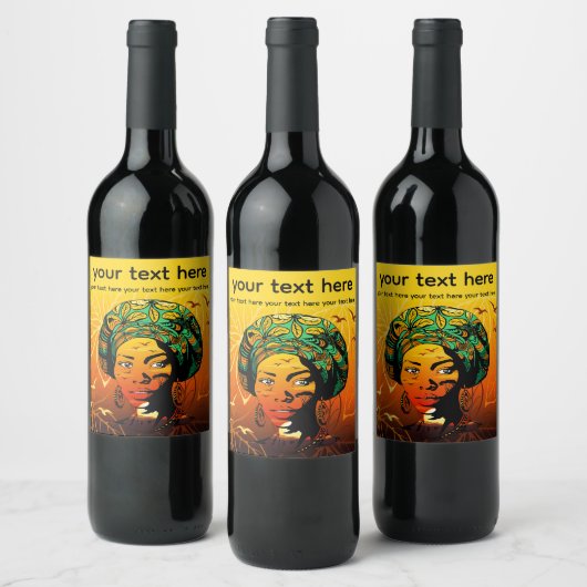 アフリカ人女性ポートレートと夕日 ワインラベル (ボトル)