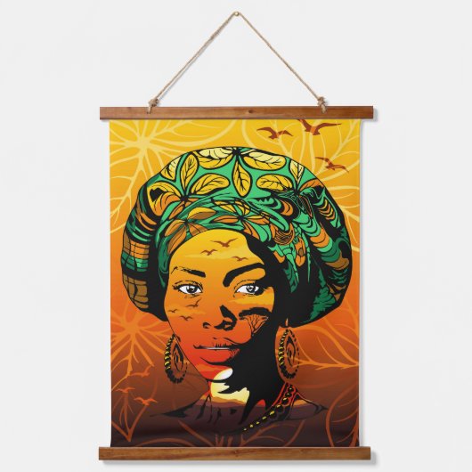 アフリカ人女性ポートレートと夕日 吊り下げ型タペストリー (正面)