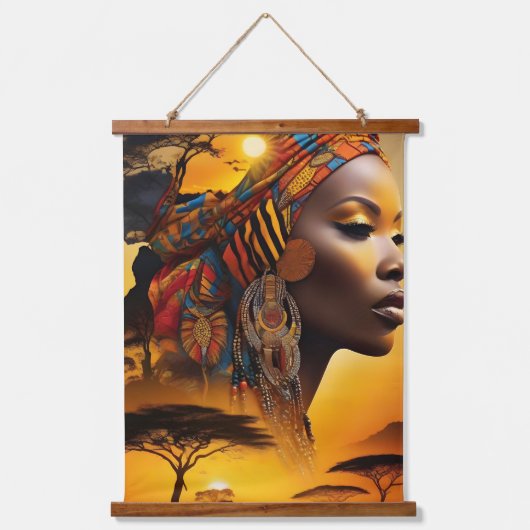 アフリカ人女性ポートレート、美しい黒人女性 吊り下げ型タペストリー (正面2)