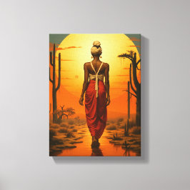 アフリカ人女性歩くイン砂漠の夕日の風景 キャンバスプリント