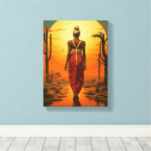 アフリカ人女性歩くイン砂漠の夕日の風景 キャンバスプリント (インサイチュ (ウッドフロア))