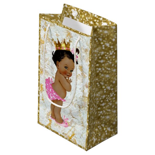 アフリカ人Princess|のピンク及び王室のな金ゴールドのきらめく スモールペーパーバッグ (正面アングル)