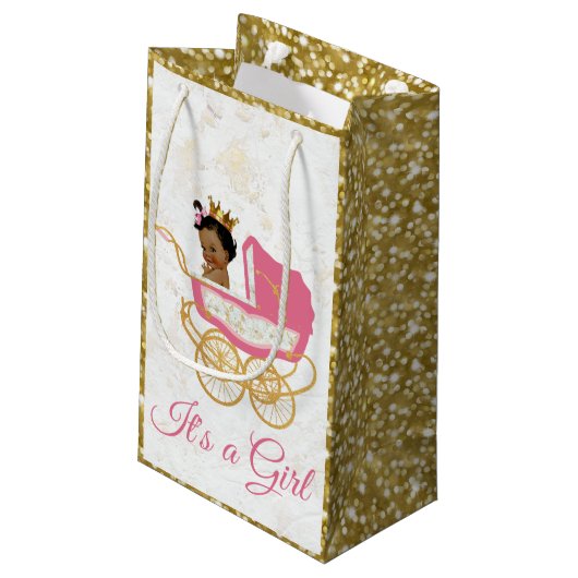 アフリカ人Princess|のピンク及び王室のな金ゴールドのきらめく スモールペーパーバッグ (裏面アングル)