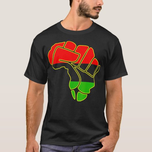 アフリカ地図と黒の歴史拳 Tシャツ (正面)