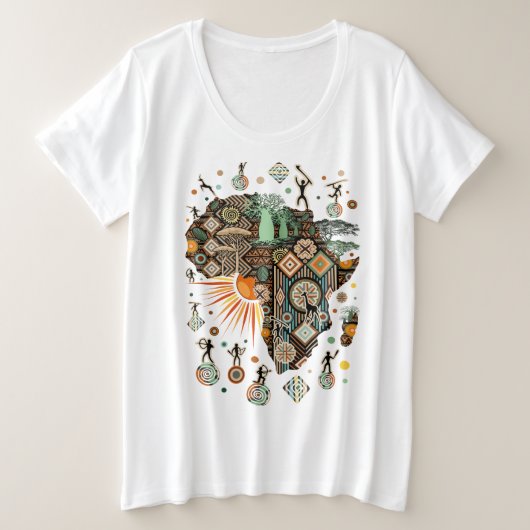 アフリカ地図装飾部族要素パターン プラスサイズTシャツ (デザイン正面)