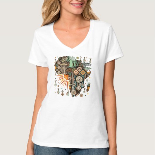アフリカ地図装飾部族要素パターン Tシャツ (正面)