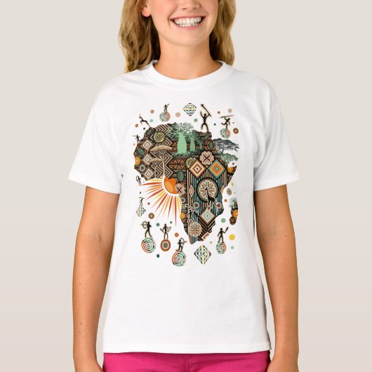 アフリカ地図装飾部族要素パターン Tシャツ (正面)