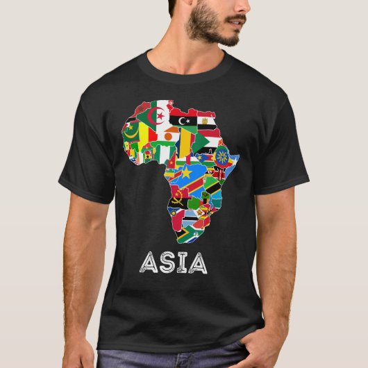 アフリカ大陸地図フラグおもしろいアジアラベル Tシャツ (正面)